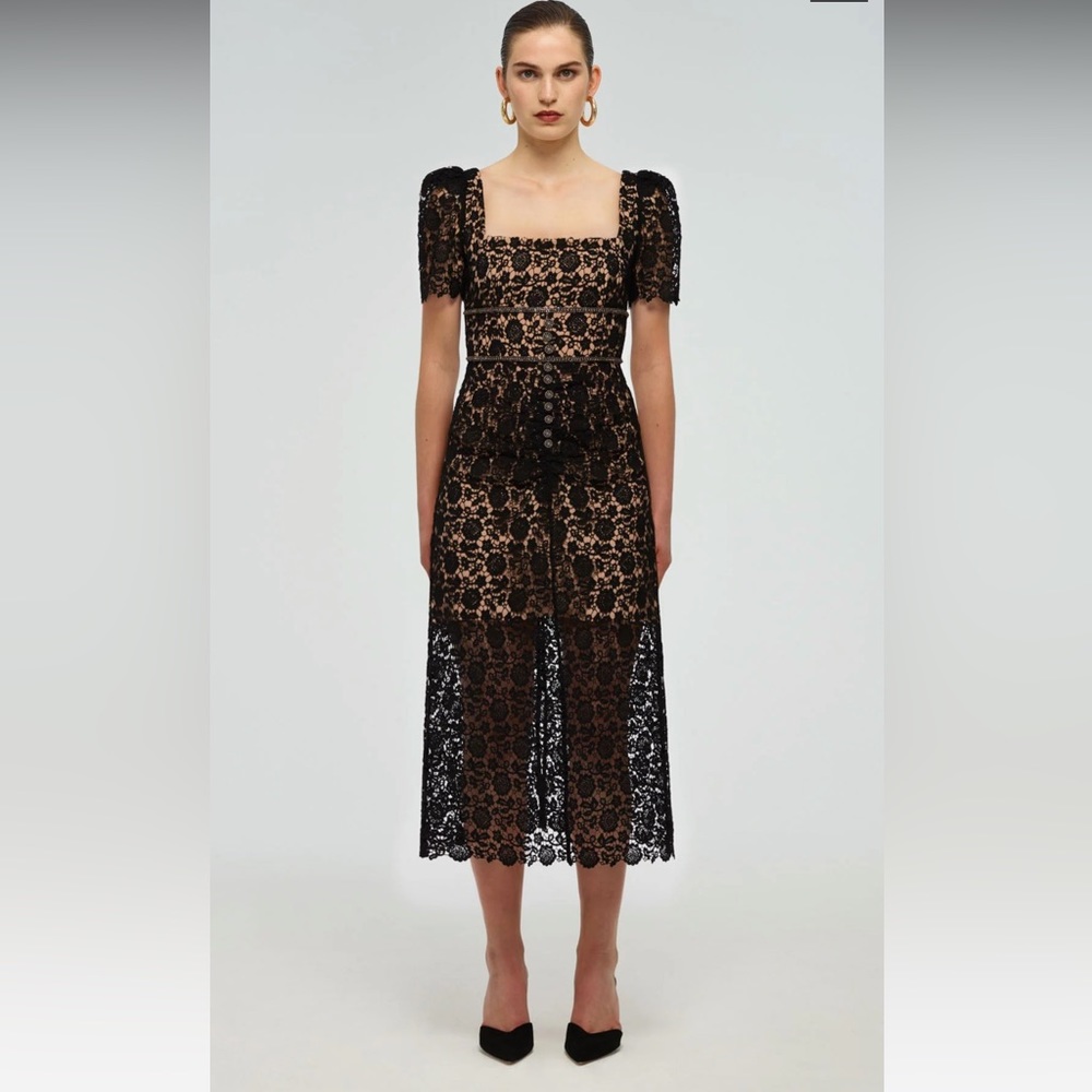 Self-Portrait Black Guipure Fitted Midi Dress, Size US 6 - Picture 2 of 6